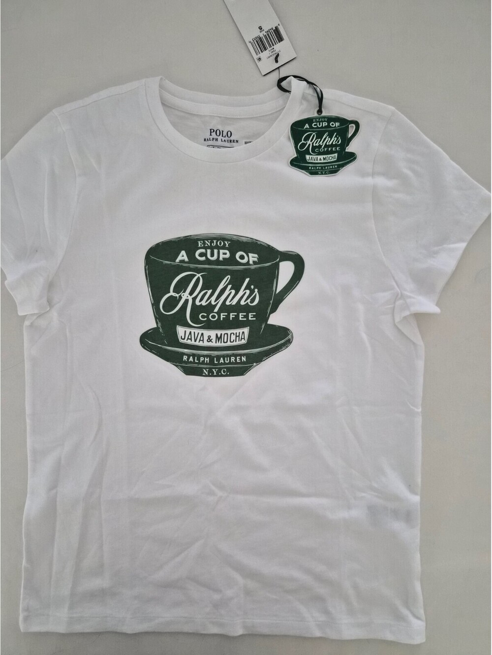 Polo Ralph Lauren Women Ralphs Coffee Graphic Java Mocha White T-Shirt Small NWT